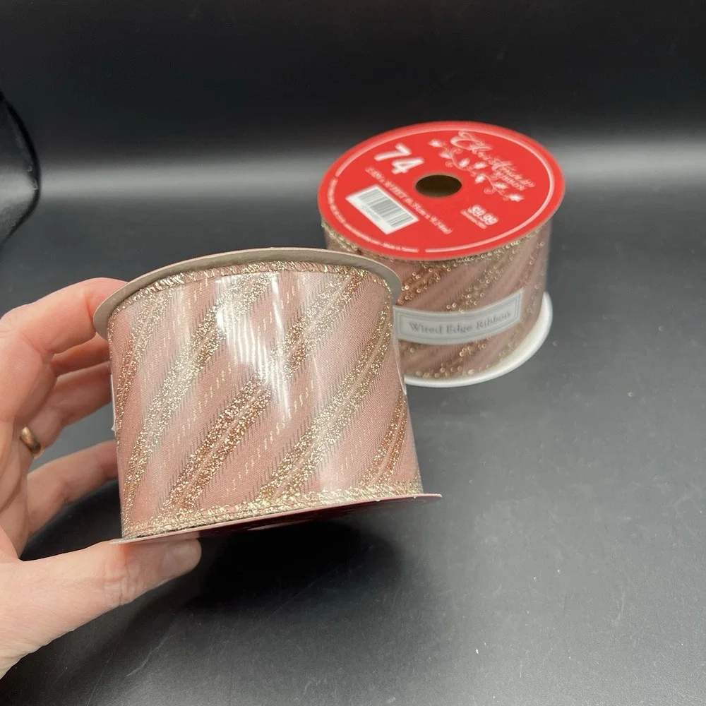 Pink Rose Gold Metallic Glitter Wired Edge Ribbon Roll 30' x 2.5